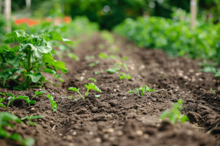 Close-up of a well-tended organic farm plot showcasing young plants sprouting from rich, fertile soil in a lush environmentの素材