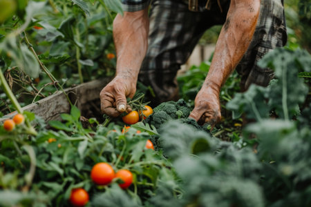 Weathered hands of a seasoned farmer picking fresh vegetables from a lush garden, showcasing the care in sustainable farming practicesの素材