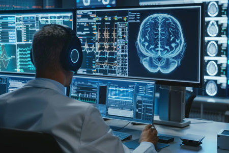 An analyst focused on brain imaging data, highlighting the crucial role of AI in enhancing medical diagnostic processesの素材