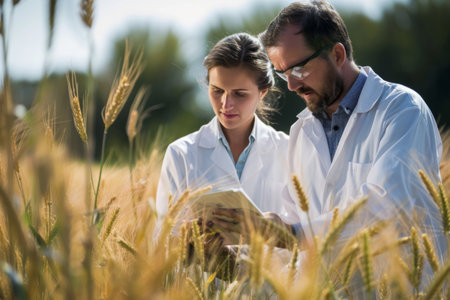 Two scientists collaborating in a wheat field, examining agricultural samples with a focus on sustainable farming practicesの素材