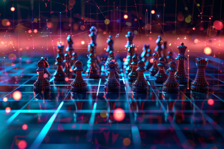 A chessboard enhanced with digital AI elements, highlighting futuristic strategy and decision-making concepts against a bokeh light backgroundの素材