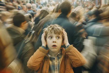 A young child with autism covering their ears amidst a bustling crowd, representing the challenge of sensory overloadの素材