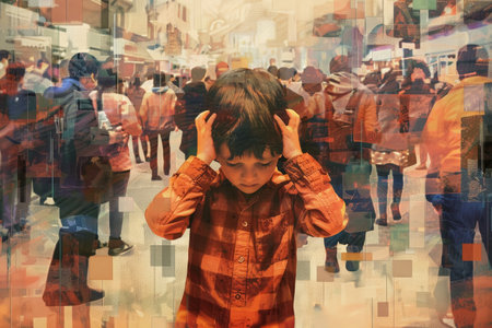 A young child with autism covering their ears amidst a bustling crowd, representing the challenge of sensory overloadの素材