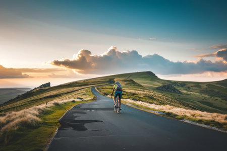 A lone cyclist enjoys a peaceful ride on a winding road through lush green hills, with a warm sunrise illuminating the vast landscapeの素材