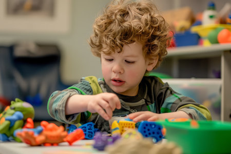 A young child with focused attention playing with colorful toys, in a session designed to support early developmental milestonesの素材