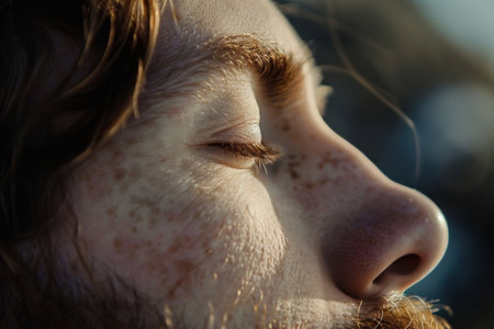 A close-up portrait capturing a person's peaceful expression with sunlit freckles, eyes closed, and focused breathing.の素材