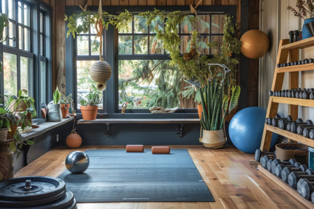 A bright and welcoming home gym setup with wooden floors and eco-friendly exercise equipment basking in the sunlight filtering through bamboo shadesの素材