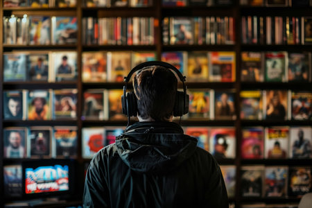A solitary gamer with headphones stands immersed in a vast digital library of games, illuminated by the vibrant screens.の素材