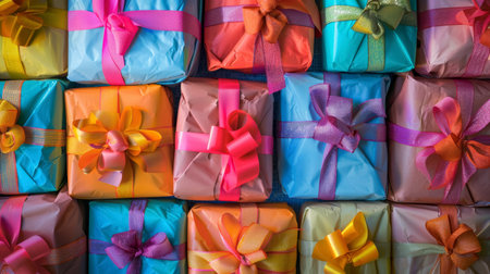 Neatly arranged, colorful gift boxes with decorative bows, ideal for birthdays, anniversaries, and special eventsの素材