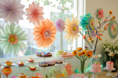 An assortment of vibrant, handcrafted paper decorations and multi-colored flower arrangements set against a window backdrop.の素材