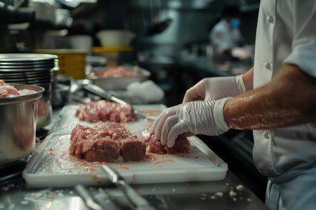A skilled chef prepares raw meat with expert seasoning for a gastronomic feast, evoking a sense of culinary dedication.の素材
