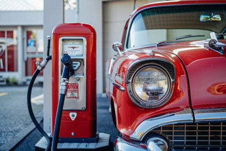 A shiny red vintage car refuels at a classic gas pump, evoking nostalgia for the golden era of American automobilesの素材