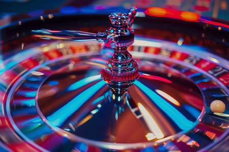 Dynamic image capturing the vibrant colors and motion of a roulette wheel in mid-spin at a casino.の素材