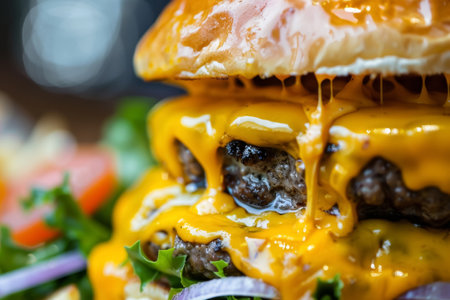 Sumptuous close-up of a gourmet burger, with layers of melting cheese cascading over juicy beef, complemented by crispy friesの素材