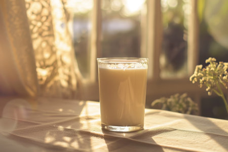 A tranquil setting featuring a single glass of milk on a table with the soft glow of morning light creating a serene and wholesome atmosphere, highlighting the simplicity of everyday beautyの素材