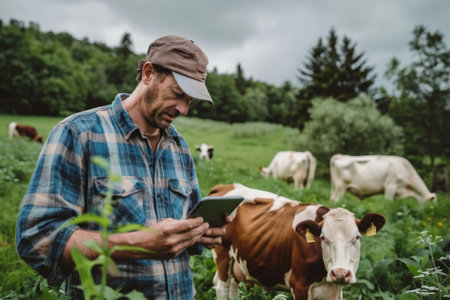 A focused dairy farmer in a plaid shirt using a tablet in the field, with cows grazing in the background, representing modern farming techniques.の素材