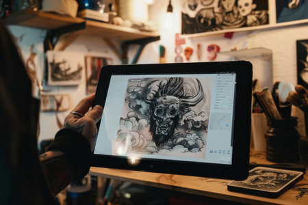 A digital tablet screen presents a meticulously crafted tattoo design, surrounded by traditional art supplies, evoking a fusion of ancient artistry and modern technologyの素材