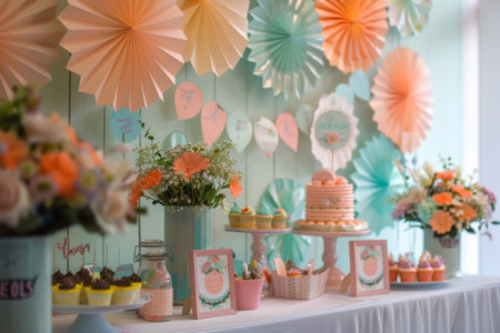 A vibrant table display features handcrafted decorations, pastel-toned paper fans, and fresh flowers creating a festive ambianceの素材