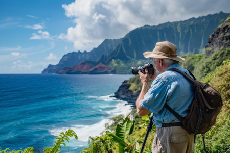 Senior Photographer Capturing Scenic Landscapeの素材