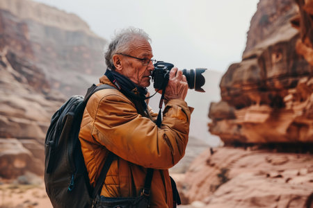 Senior Photographer Capturing Scenic Landscapeの素材