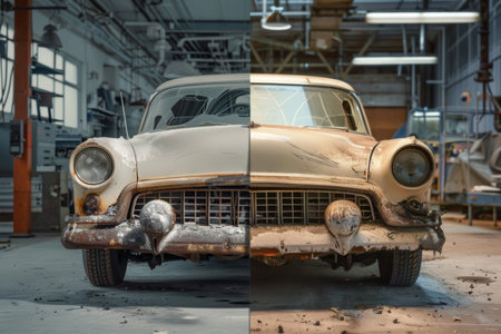 Vintage Car in a Mechanics Garageの素材