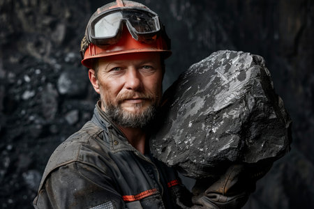 A seasoned miner in safety gear proudly holding a large coal chunk, symbolizing the fruits of labor in the mining industry.の素材