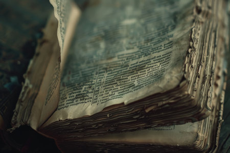 Close-up view of a timeworn ancient book, its weathered pages telling stories of old through tactile history and faded inkの素材