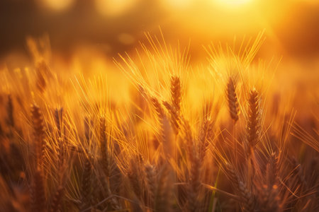 The warm glow of sunset illuminates a golden wheat field, symbolizing abundance and the end of a dayの素材