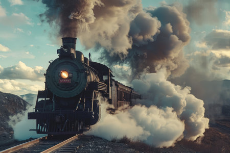 A coal-powered vintage steam locomotive releases a plume of smoke into the dusk sky amidst autumn foliageの素材