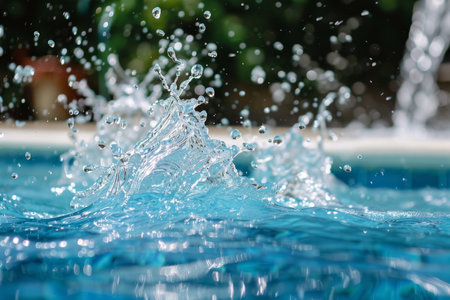 Crystal-clear water captured mid-splash, creating a refreshing and dynamic display of droplets suspended in time.の素材