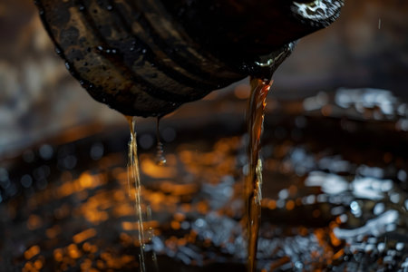 Close-up view of dark, viscous oil pouring smoothly with a glistening sheen, reflecting the complexity and richness of this vital energy resourceの素材