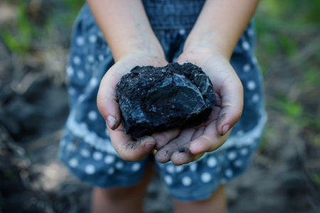 A child's dirty hand carefully holds a large, rough lump of coal, symbolic of environmental impact and innocence.の素材