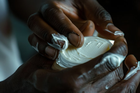 Close-up of hands gently applying a thick layer of facial moisturizer. Skincare and pampering concept with a focus on texture. Image with warm tones perfect for a spa advertisement, poster, or skincare banner.の素材