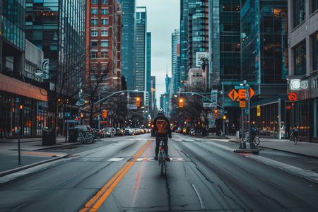 Urban cyclist riding on a city street with bike lanes against a backdrop of modern skyscrapers and traffic lights. Street photography with a city living and transportation concept. Design for poster, banner, and urban planning materials.の素材