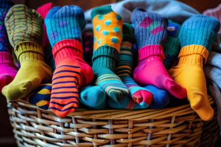 Colorful assorted socks overflowing in wicker laundry basket. Close-up textile photography with vibrant colors. Clothing and daily life concept. Design for banner, poster, textile, print.の素材