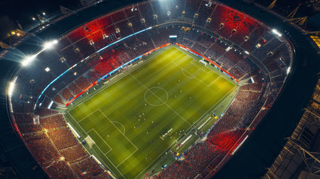 Bird's-eye view of brightly lit football stadium at night, aerial shot.の素材
