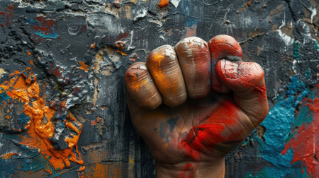 Close-up of a clenched fist painted in vibrant colors. Artistic expression shot. Metaphor for victory and defeat in sports concept. Design for motivational posterの素材