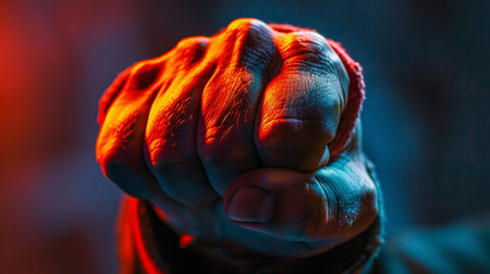 Close-up of a clenched fist painted in vibrant colors. Artistic expression shot. Metaphor for victory and defeat in sports concept. Design for motivational posterの素材