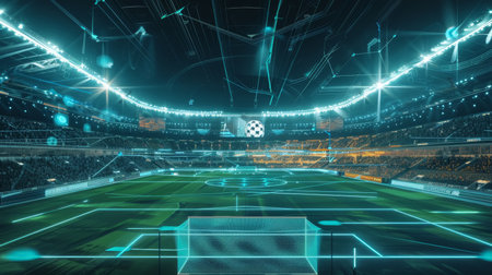 A robot soccer player positioned on the field in a futuristic stadium with a glowing ball.の素材