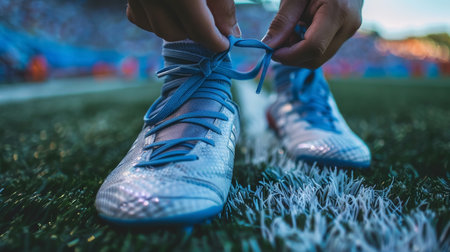 Close-up of a soccer player lacing up bright orange boots on a green grassy field.の素材