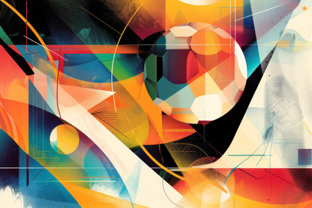 Abstract graphic design of soccer player with colorful dynamic shapes.の素材