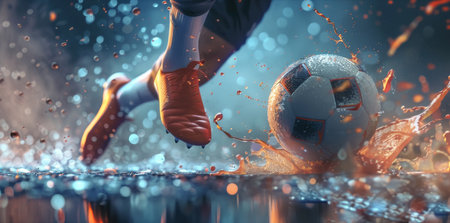 Ground-level action shot of a soccer ball making a splash on a wet field. Detailed sports photography with water droplets in motion.の素材