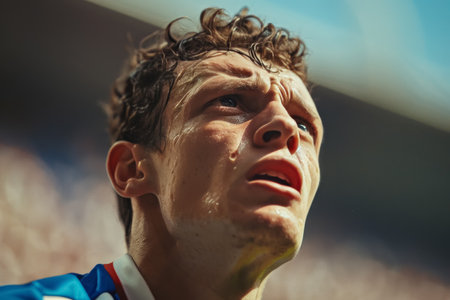 Close-up of a football player's intense game face. Concentration and determination in sports concept. Design for poster, motivationの素材