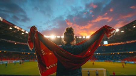 Back view of a fan holding a scarf in a stadium at sunset.の素材
