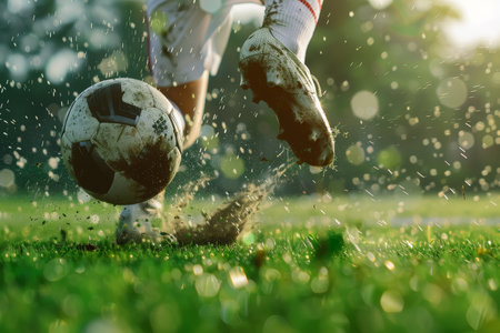 Close-up of a football player's foot striking a ball, splashing mud. Action shot. Dynamic sports moment and power play concept. Design for poster, sports advertisement.の素材