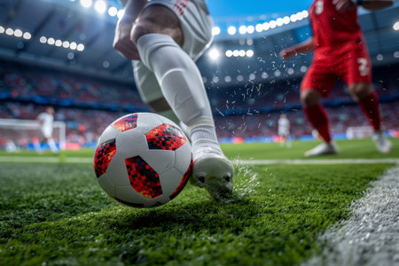 Close-up of a player's leg striking a soccer ball on a field with other players in the background.の素材