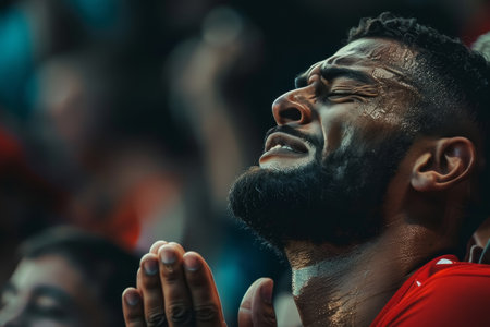Close-up of a soccer player's sweat-drenched face against a blurred stadium light background.の素材