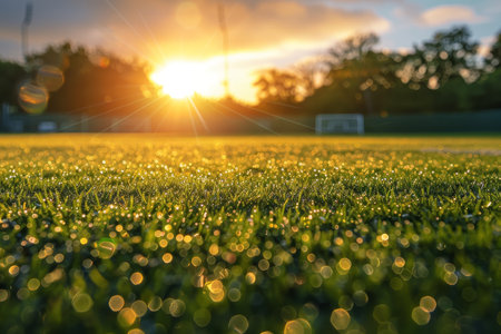 Photo-realistic illustration of a serene soccer field with morning dew and a sunrise in the background. Peaceful sports landscape.の素材