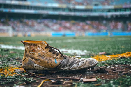 Close-up of a muddy soccer boot on grass with blurred stadium in the background.の素材