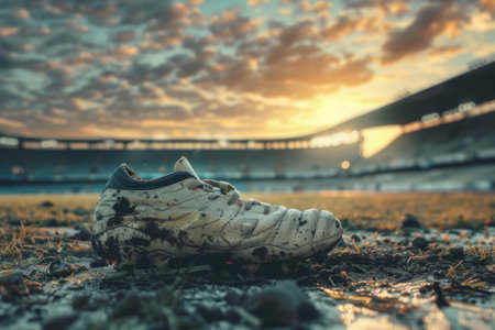 Close-up of a muddy soccer boot on grass with blurred stadium in the background.の素材